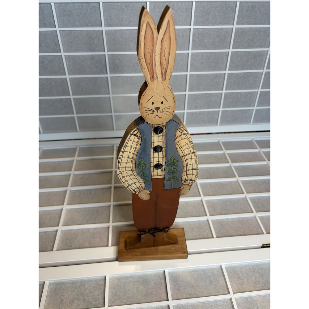 VTG Hand Painted Folk Art Wood Bunny Big Ears Country Easter Rabbit Spring  18"‎